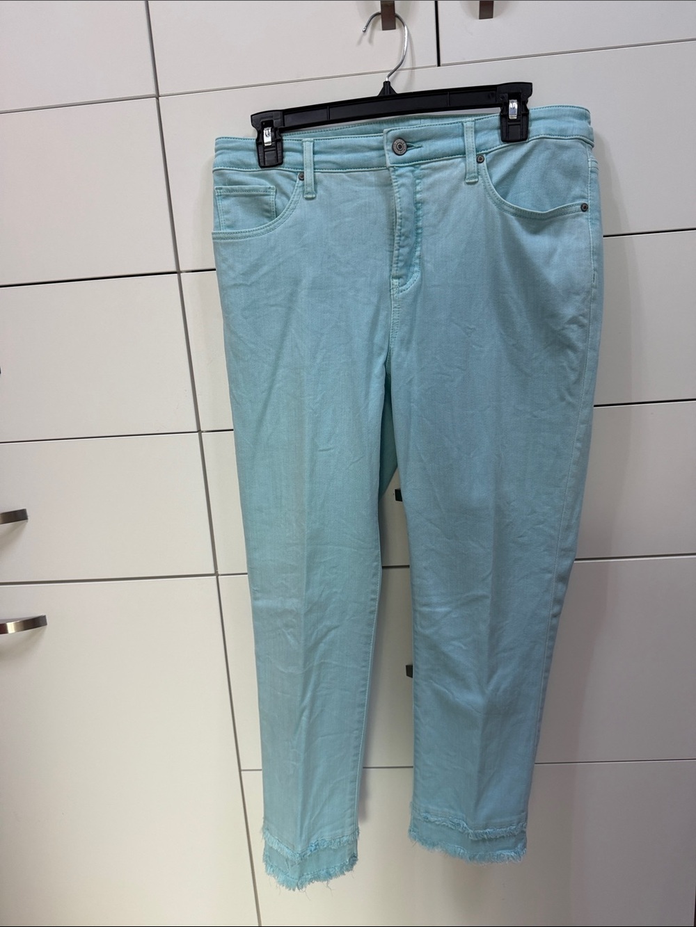 Chicos Light Aqua Cropped Slim Jeans with Frayed Hem